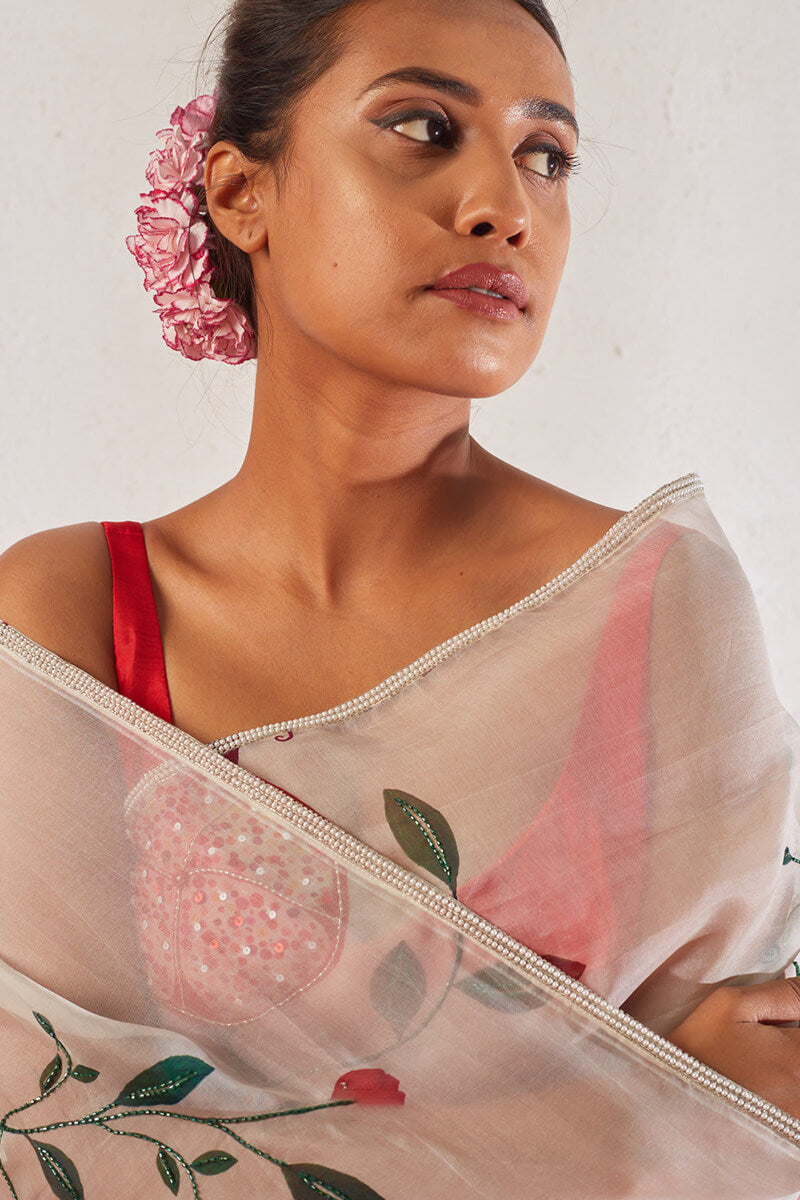 Enthralling 1-Minute Ready To Wear Off White Organza Silk Saree