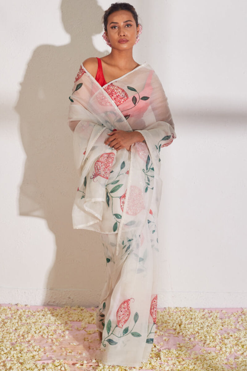 Enthralling 1-Minute Ready To Wear Off White Organza Silk Saree