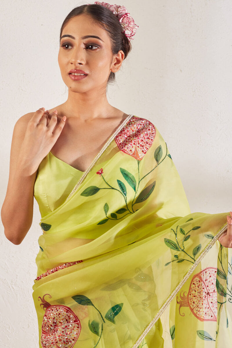 Phenomenal 1-Minute Ready To Wear Pista Organza Silk Saree