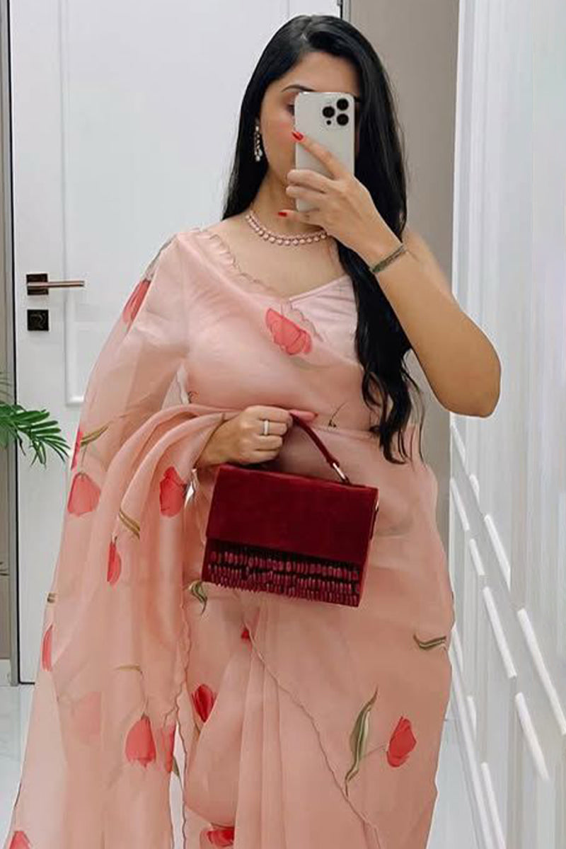 Beautiful 1-Minute Ready To Wear Peach Organza Silk Saree