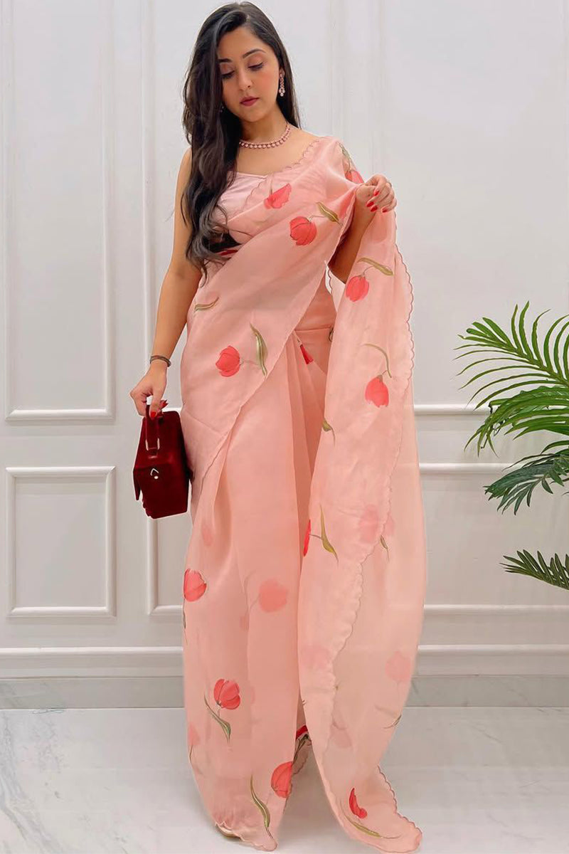 Beautiful 1-Minute Ready To Wear Peach Organza Silk Saree