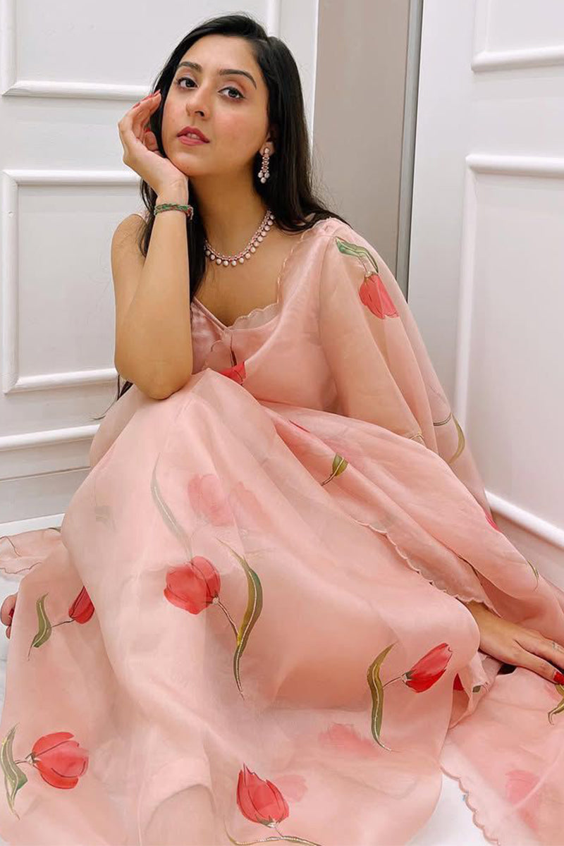 Beautiful 1-Minute Ready To Wear Peach Organza Silk Saree
