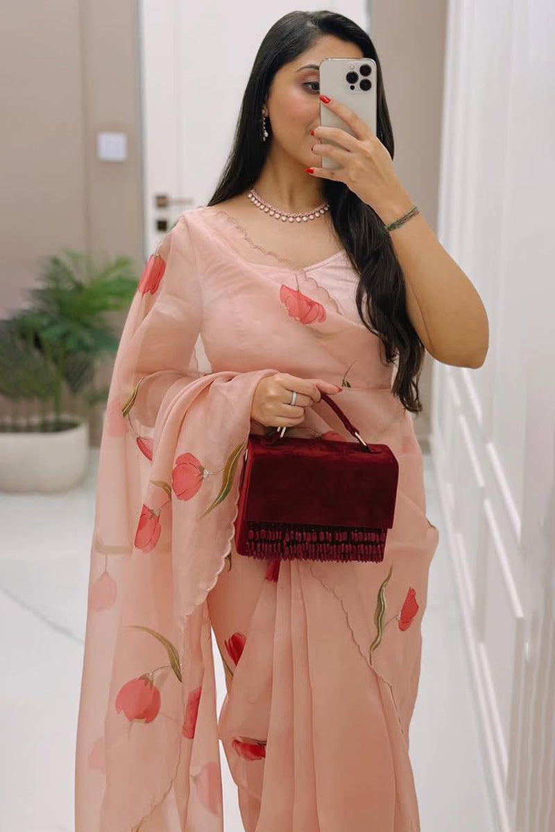 Beautiful 1-Minute Ready To Wear Peach Organza Silk Saree