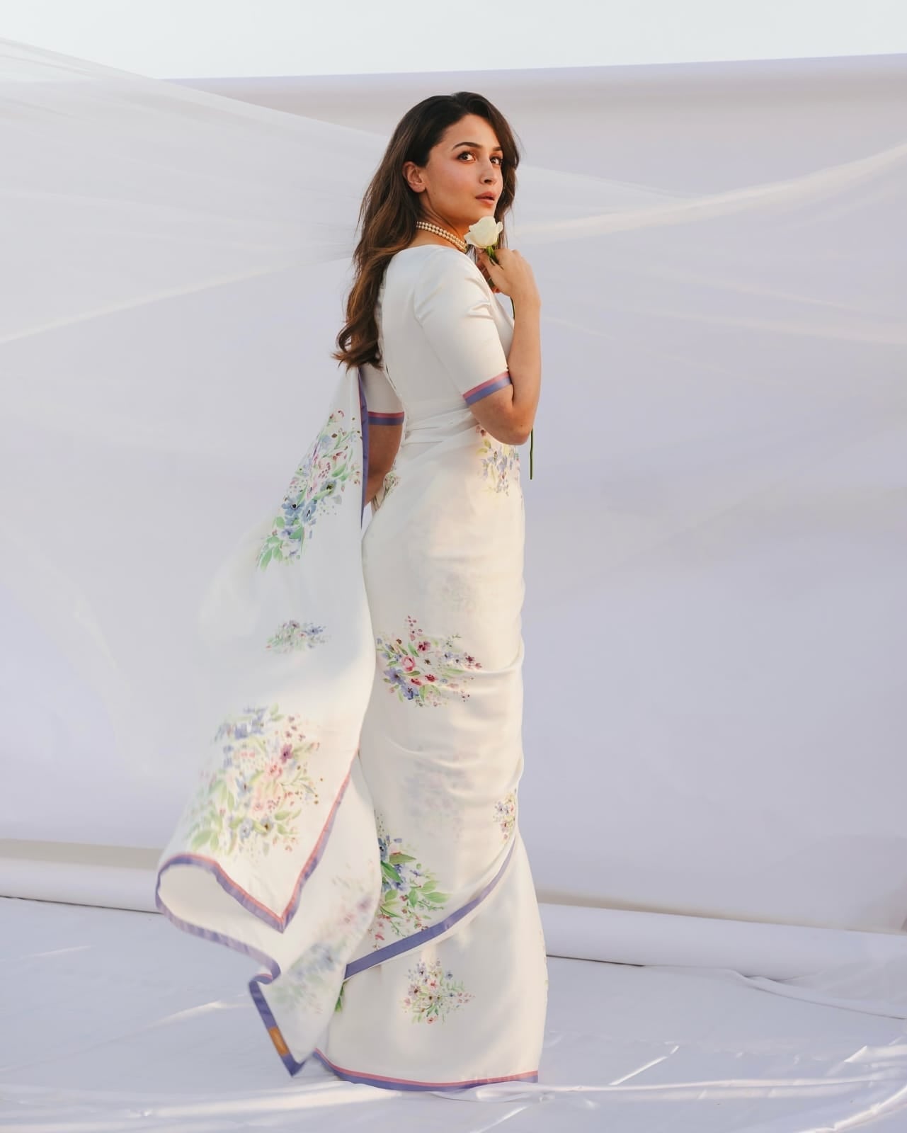 Elision 1-Minute Ready To Wear White Satin Silk Saree