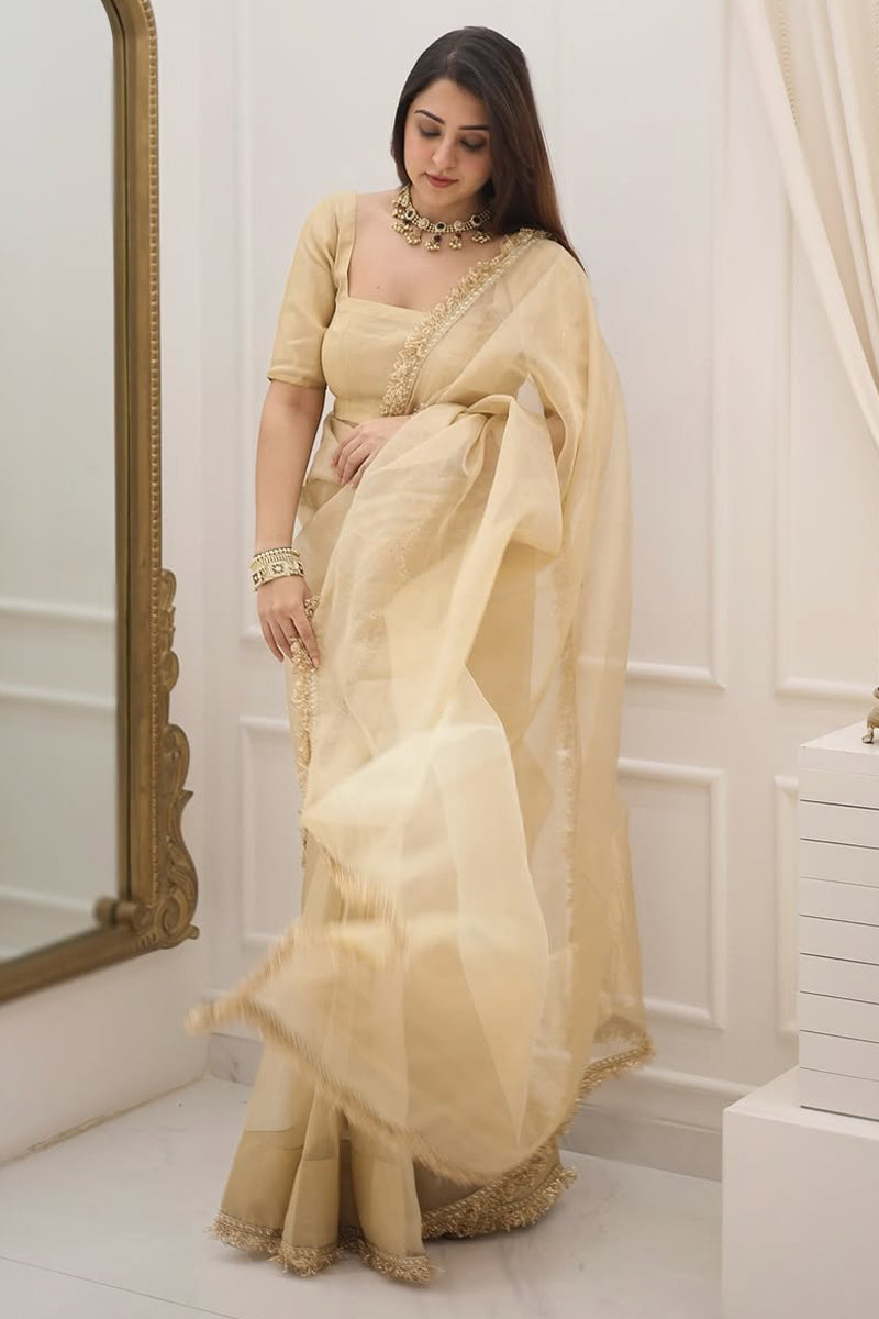 Pretty 1-Minute Ready To Wear Beige Cotton Silk Saree