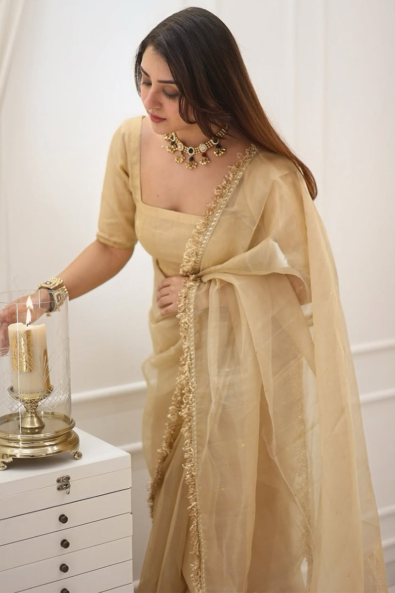 Pretty 1-Minute Ready To Wear Beige Cotton Silk Saree