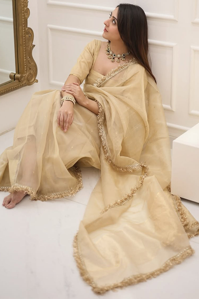 Pretty 1-Minute Ready To Wear Beige Cotton Silk Saree
