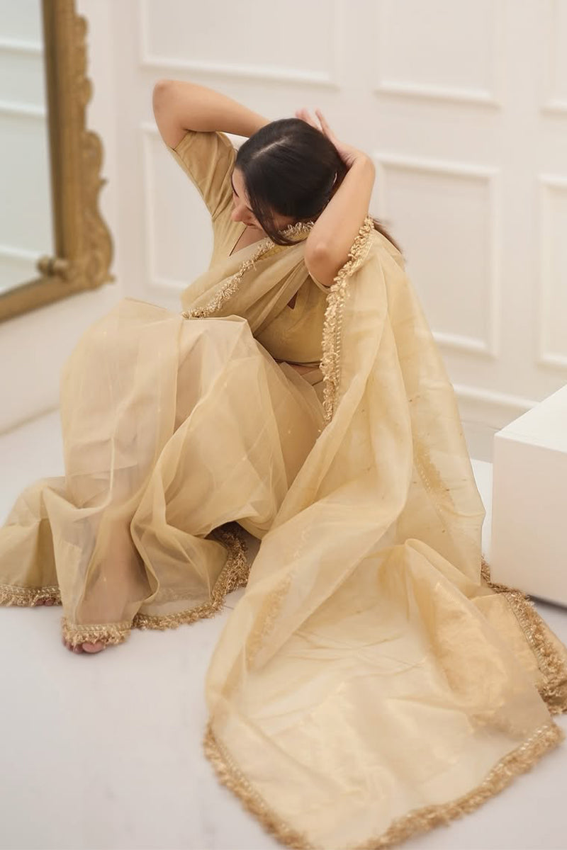 Pretty 1-Minute Ready To Wear Beige Cotton Silk Saree