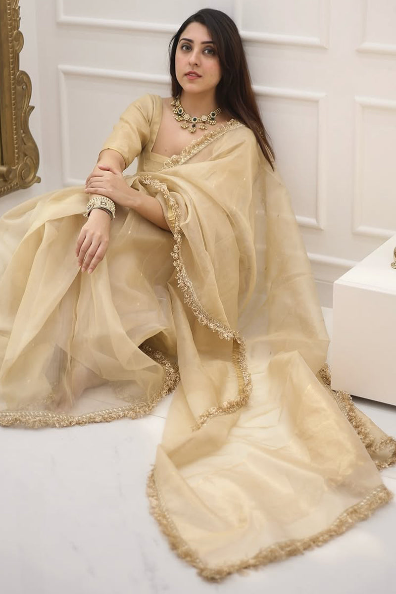 Pretty 1-Minute Ready To Wear Beige Cotton Silk Saree