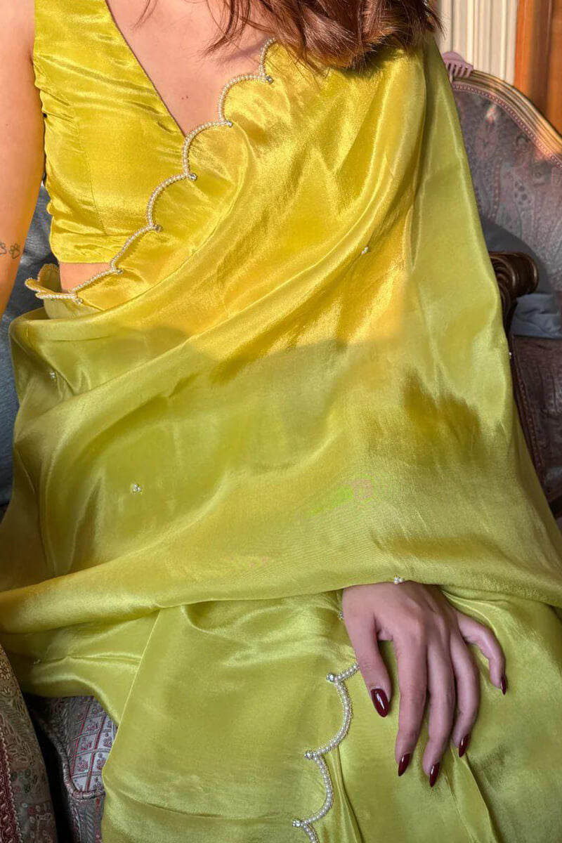 Flamboyant 1-Minute Ready To Wear Parrot Chinon Saree