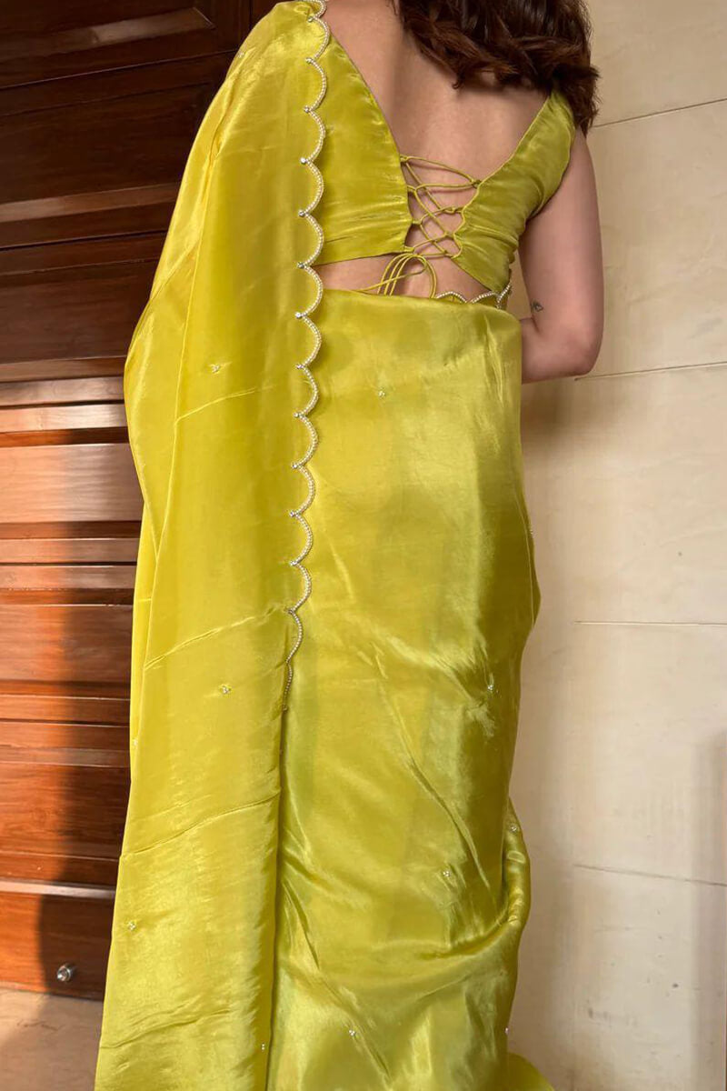 Flamboyant 1-Minute Ready To Wear Parrot Chinon Saree