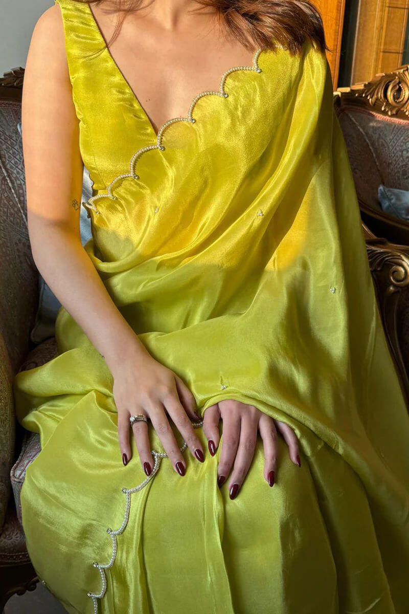 Flamboyant 1-Minute Ready To Wear Parrot Chinon Saree