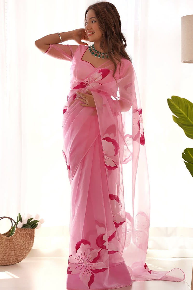 Splendorous 1-Minute Ready To Wear Pink Organza Silk Saree