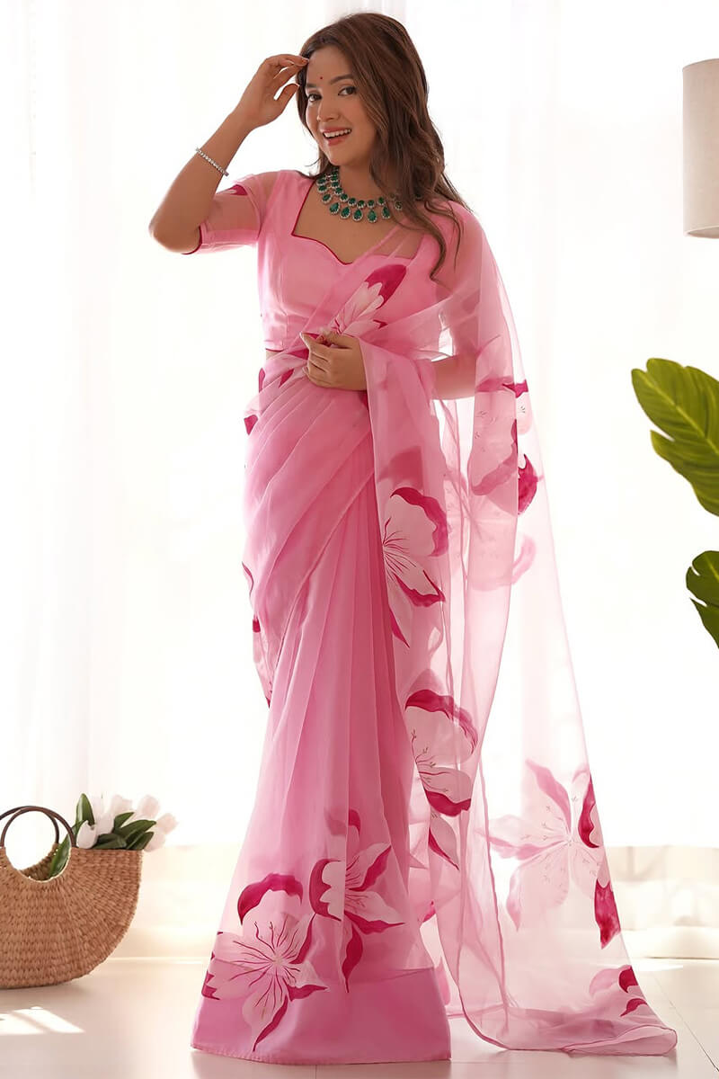 Splendorous 1-Minute Ready To Wear Pink Organza Silk Saree