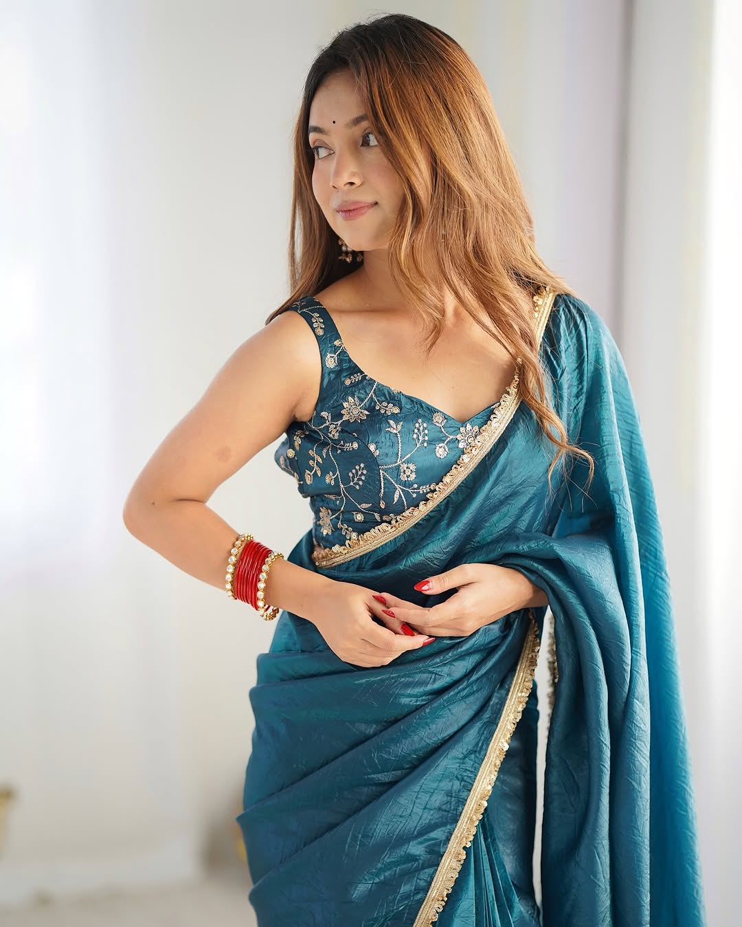Delightful 1-Minute Ready To Wear Blue Crush Silk Saree