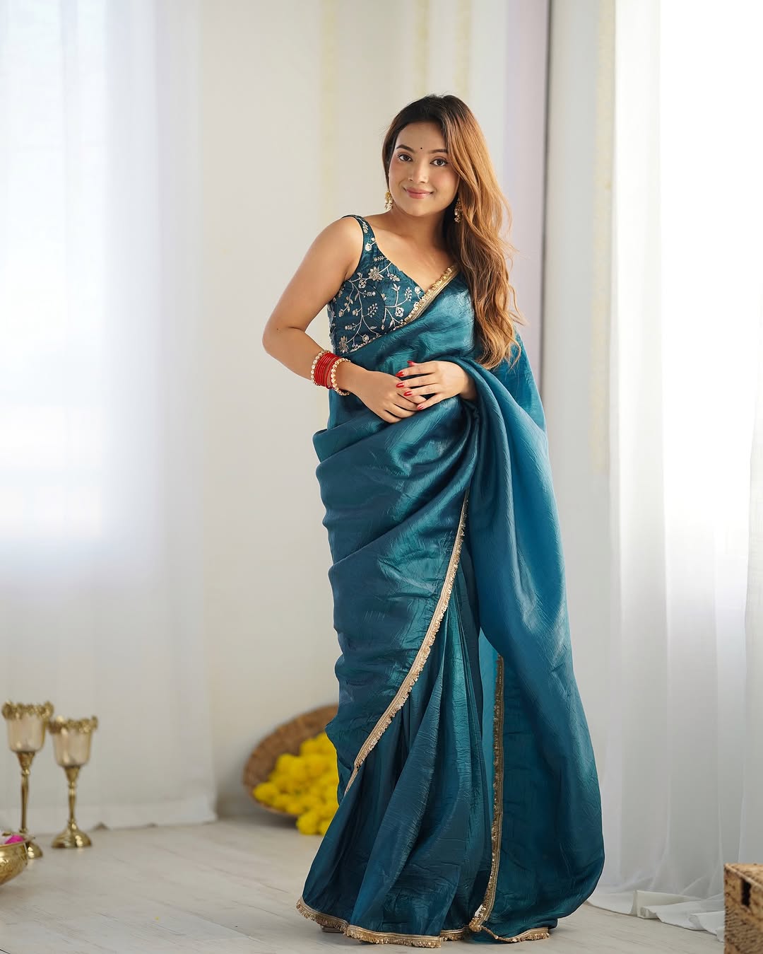 Delightful 1-Minute Ready To Wear Blue Crush Silk Saree