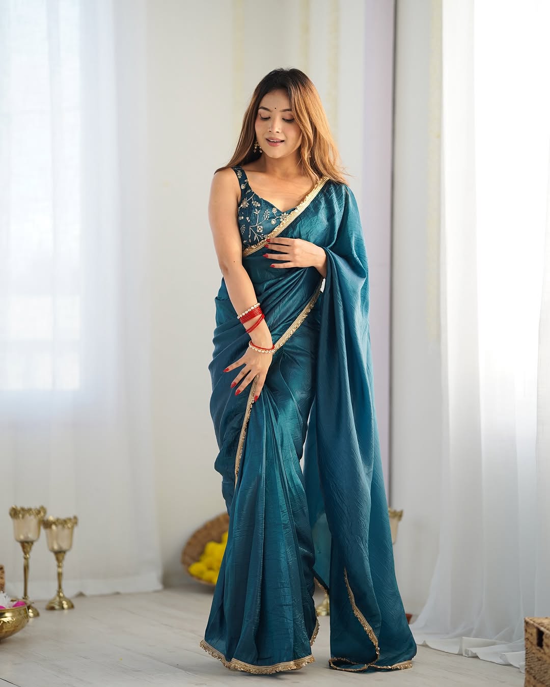 Delightful 1-Minute Ready To Wear Blue Crush Silk Saree
