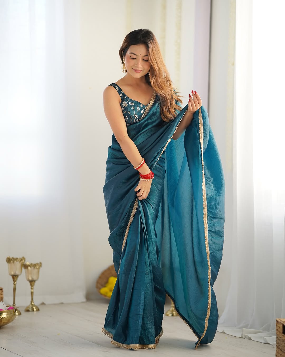 Delightful 1-Minute Ready To Wear Blue Crush Silk Saree