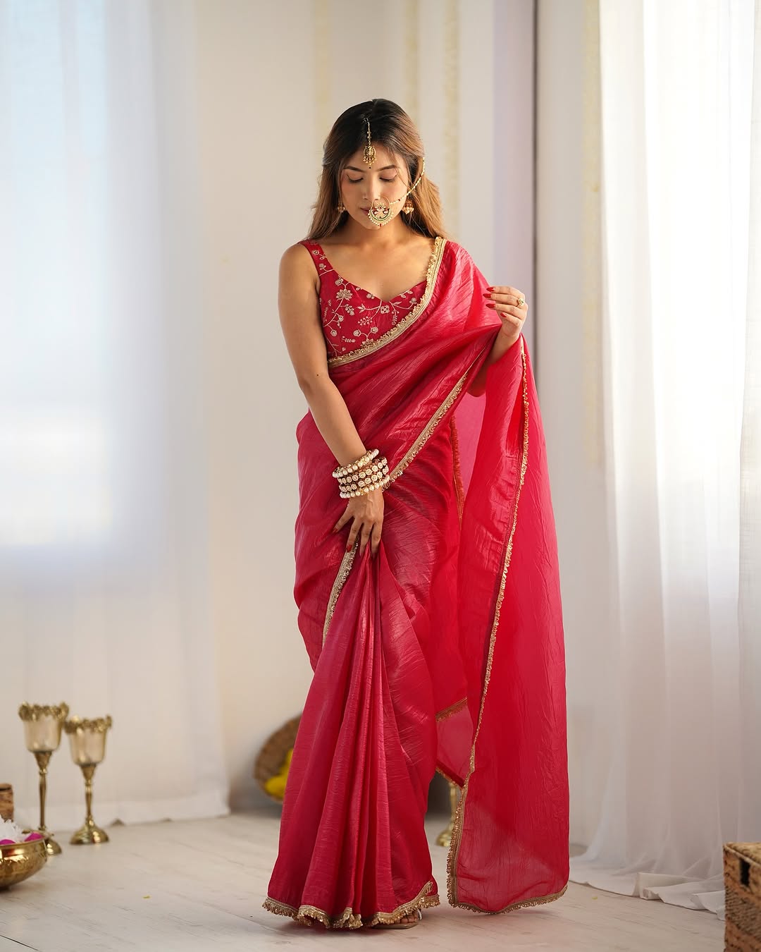 Fancifull 1-Minute Ready To Wear Dark Pink Crush Silk Saree