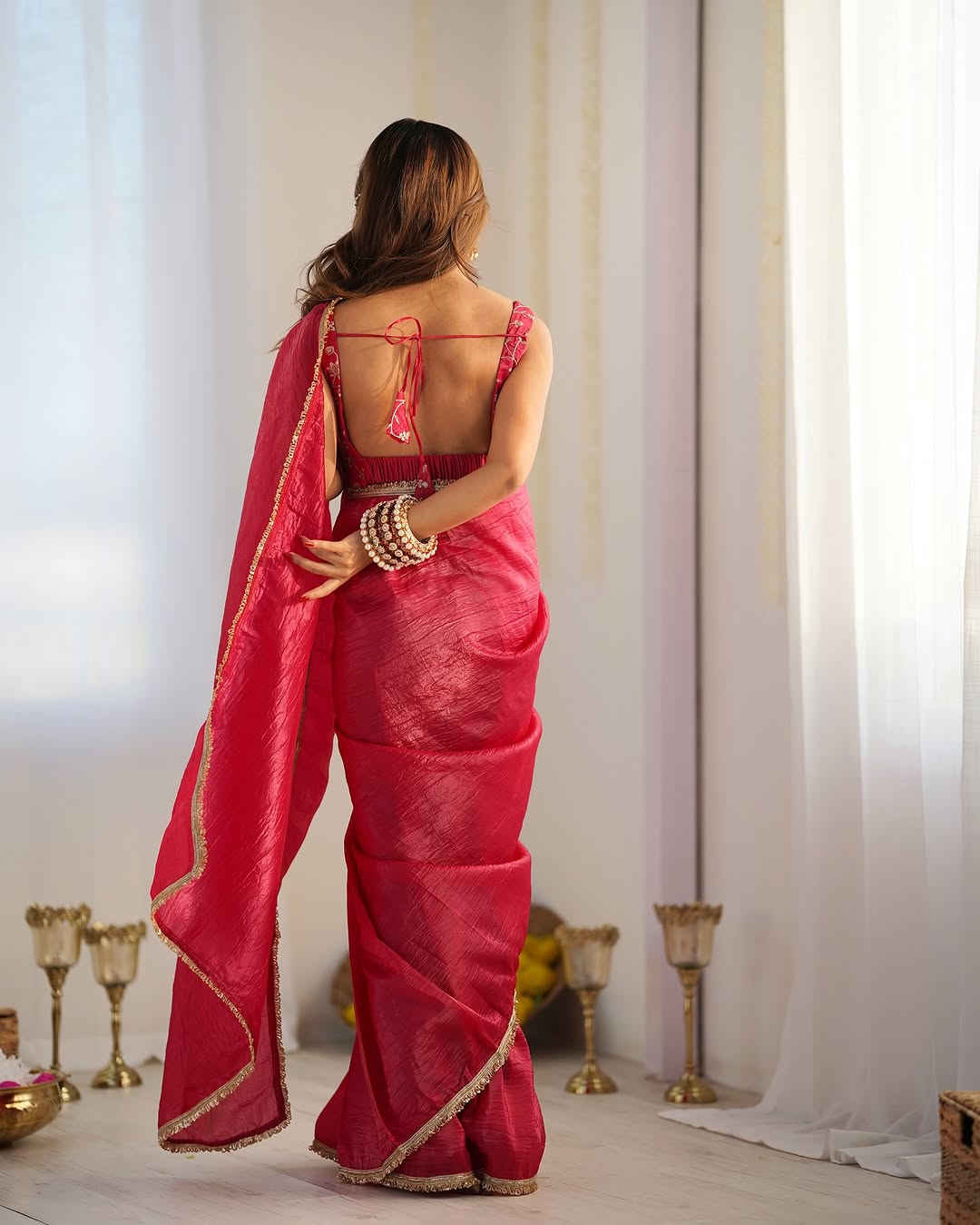 Fancifull 1-Minute Ready To Wear Dark Pink Crush Silk Saree
