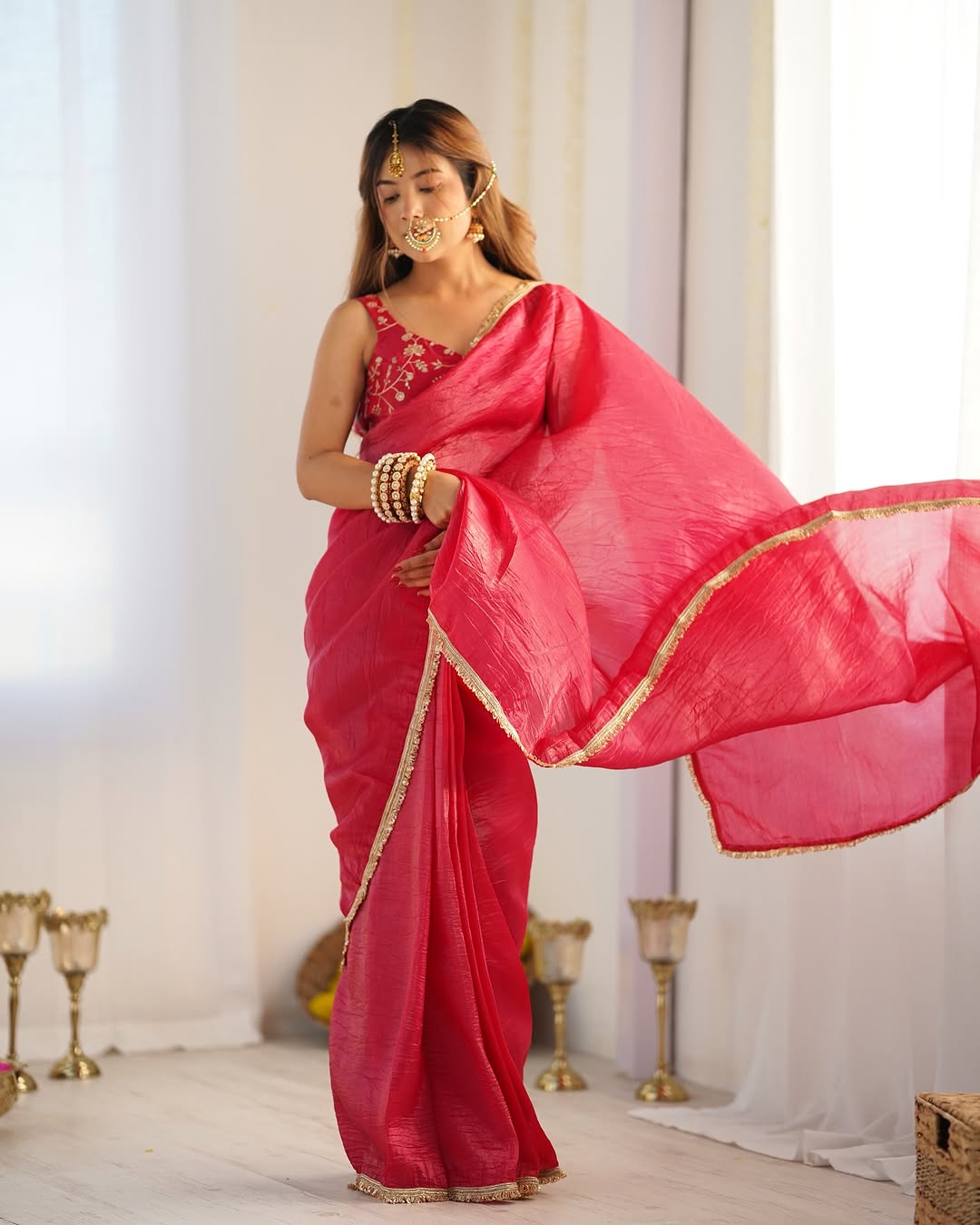 Fancifull 1-Minute Ready To Wear Dark Pink Crush Silk Saree