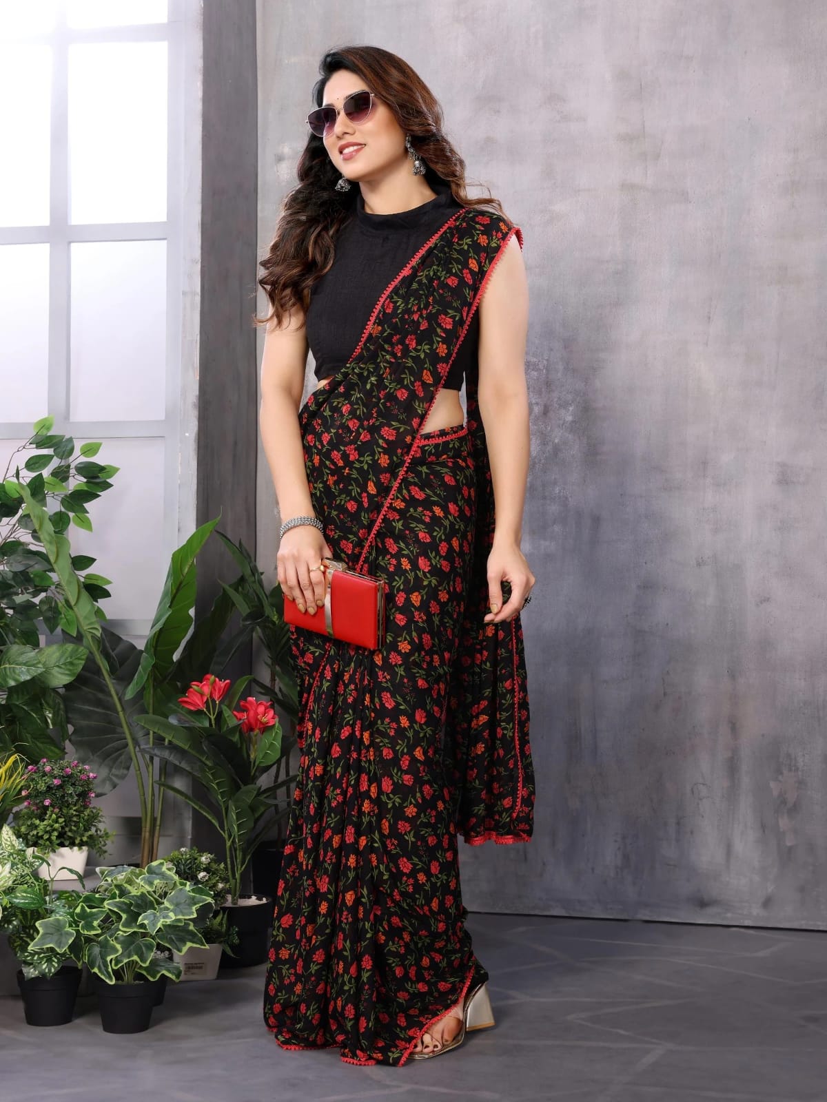 Charismatic 1-Minute Ready To Wear Black Georgette Saree