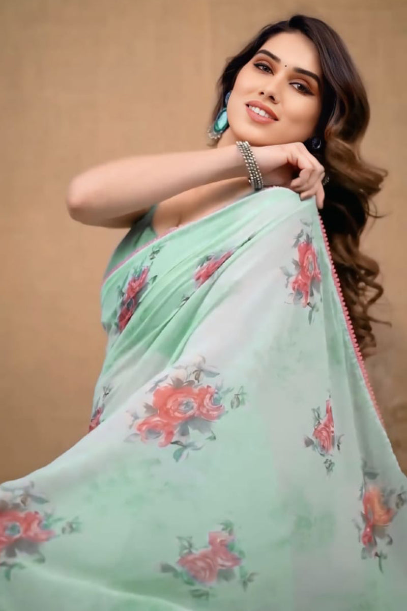 Divine 1-Minute Ready To Wear Sea Green Georgette Saree