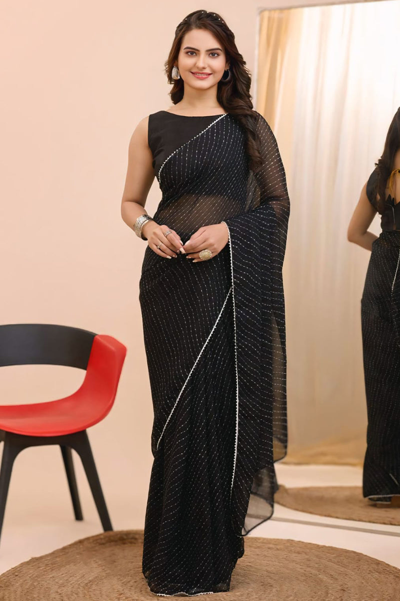 Artistic 1-Minute Ready To Wear Black Georgette Saree