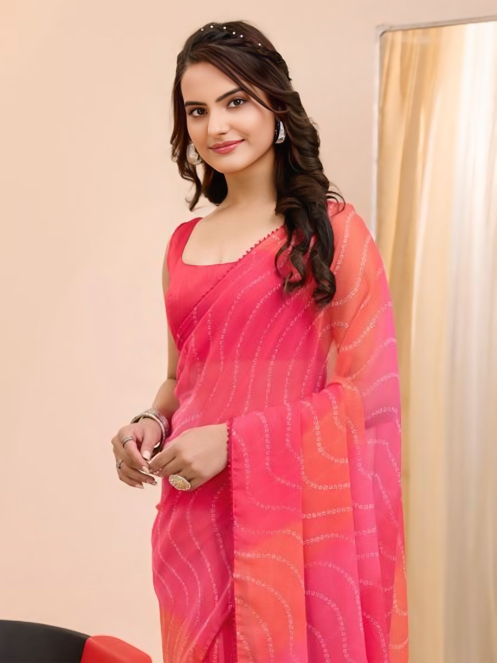 Flattering 1-Minute Ready To Wear Pink Georgette Saree
