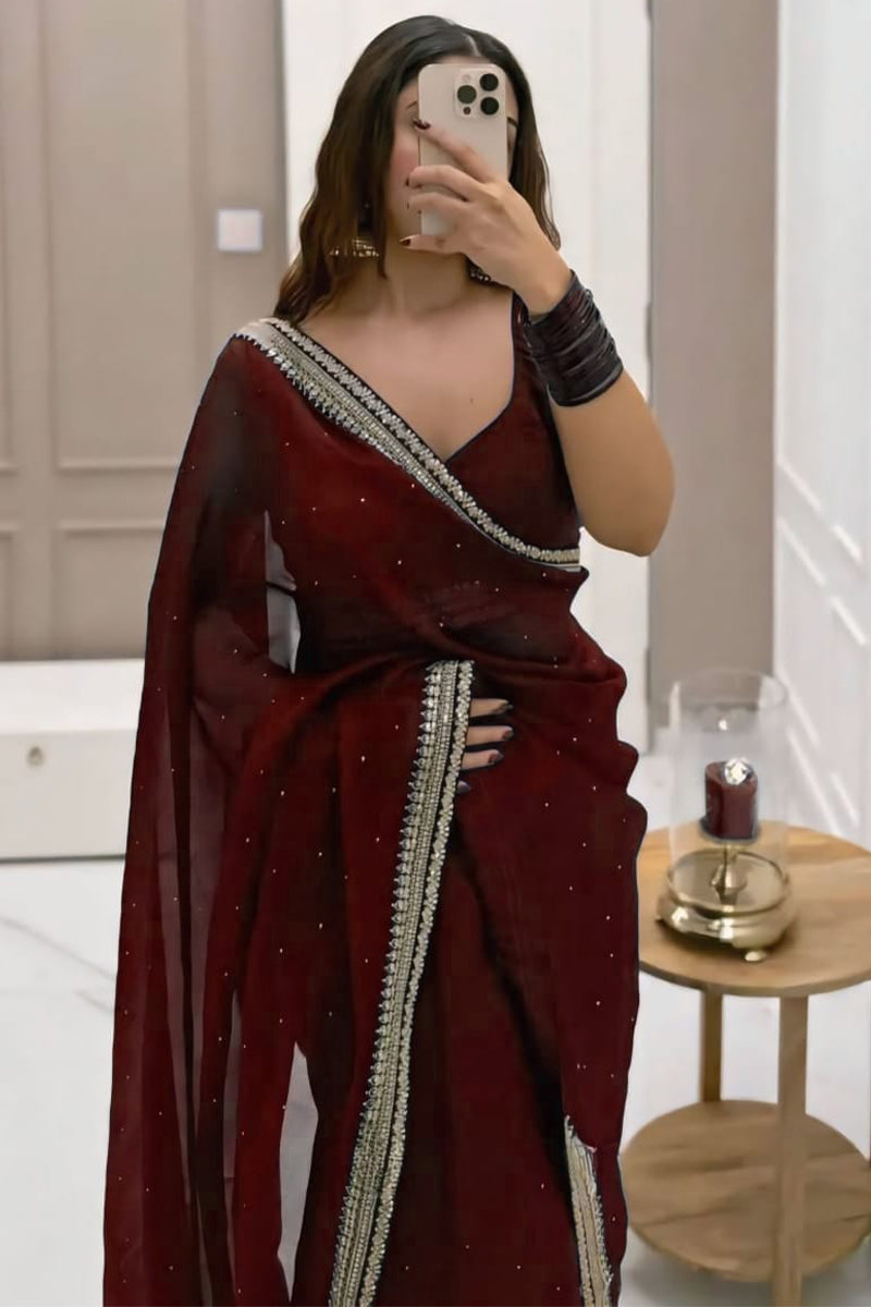 Resonant 1-Minute Ready To Wear Maroon Organza Silk Saree