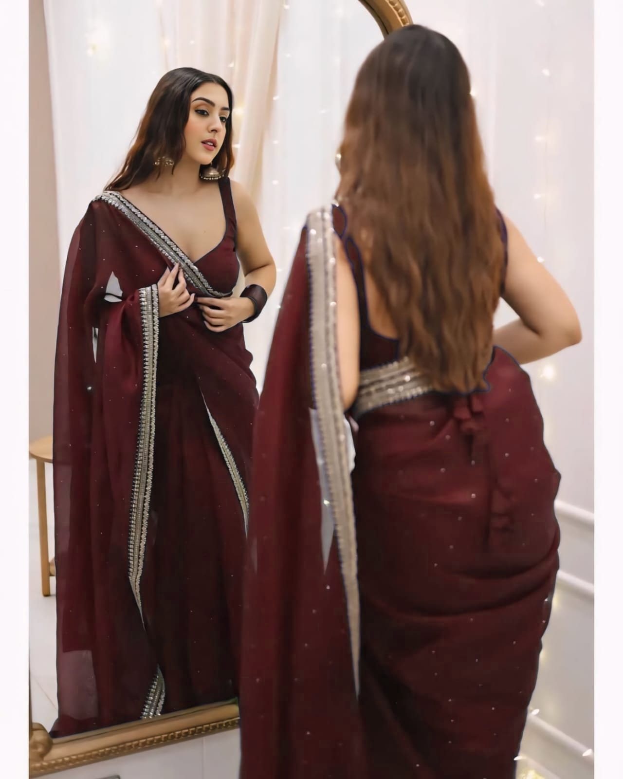 Resonant 1-Minute Ready To Wear Maroon Organza Silk Saree