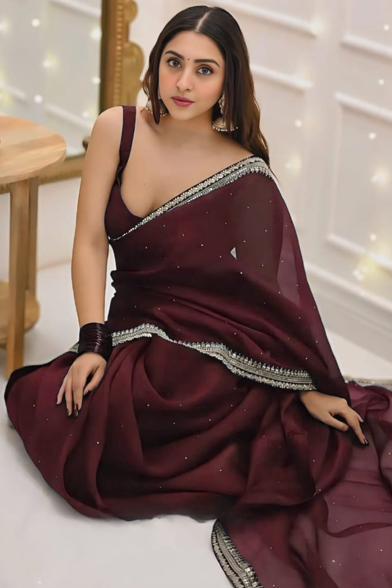 Resonant 1-Minute Ready To Wear Maroon Organza Silk Saree