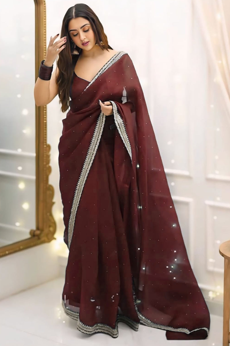 Resonant 1-Minute Ready To Wear Maroon Organza Silk Saree
