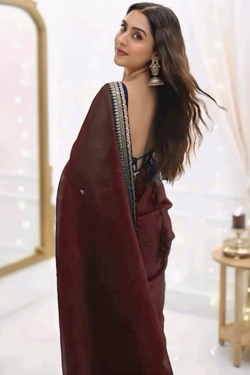 Resonant 1-Minute Ready To Wear Maroon Organza Silk Saree