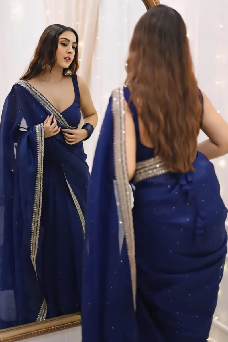 Alluring 1-Minute Ready To Wear Navy Blue Organza Silk Saree