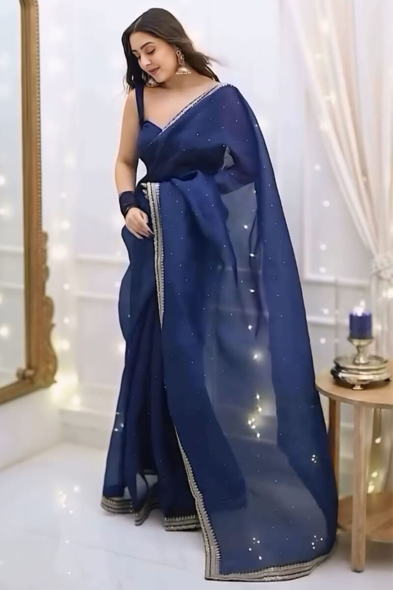 Alluring 1-Minute Ready To Wear Navy Blue Organza Silk Saree