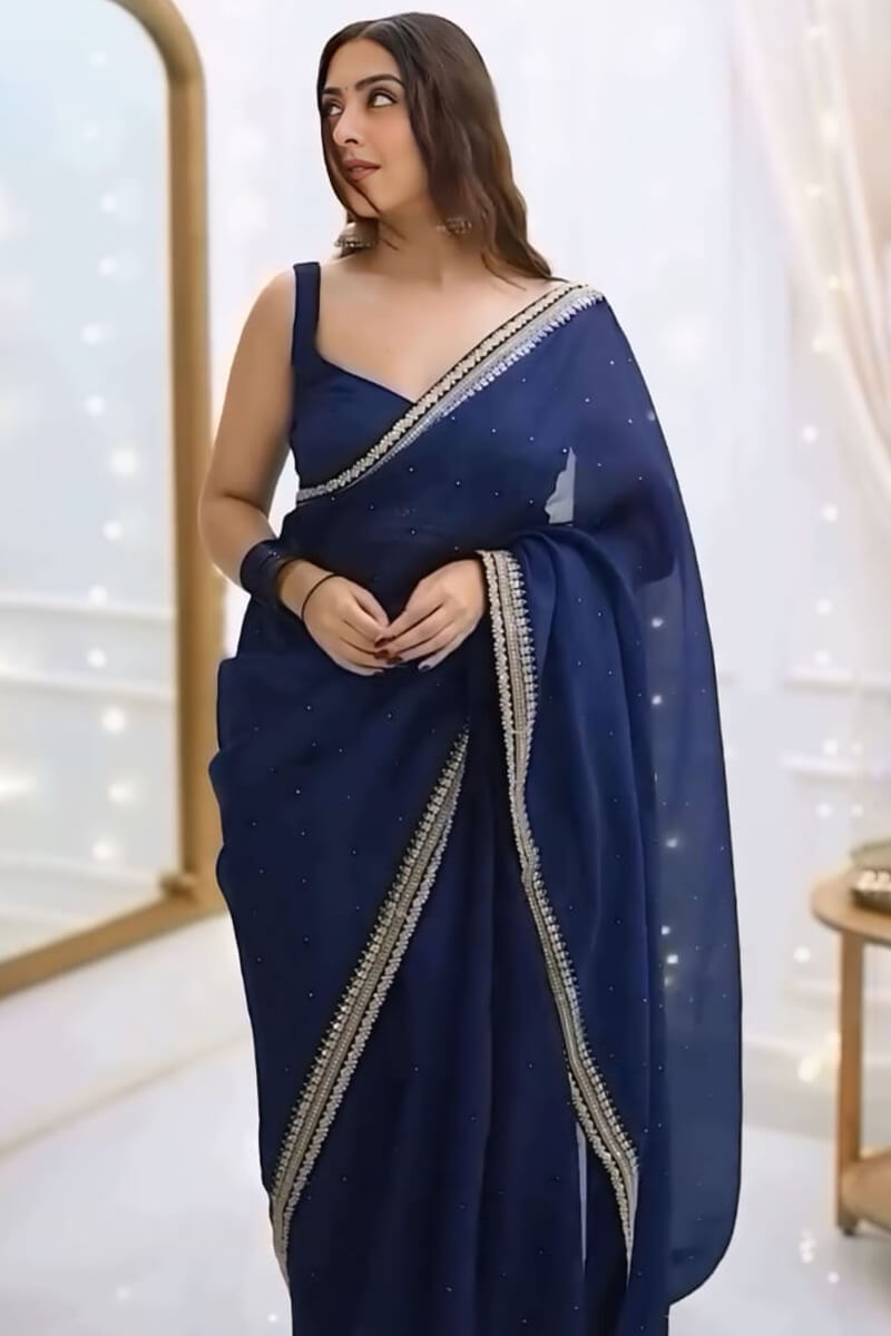 Alluring 1-Minute Ready To Wear Navy Blue Organza Silk Saree