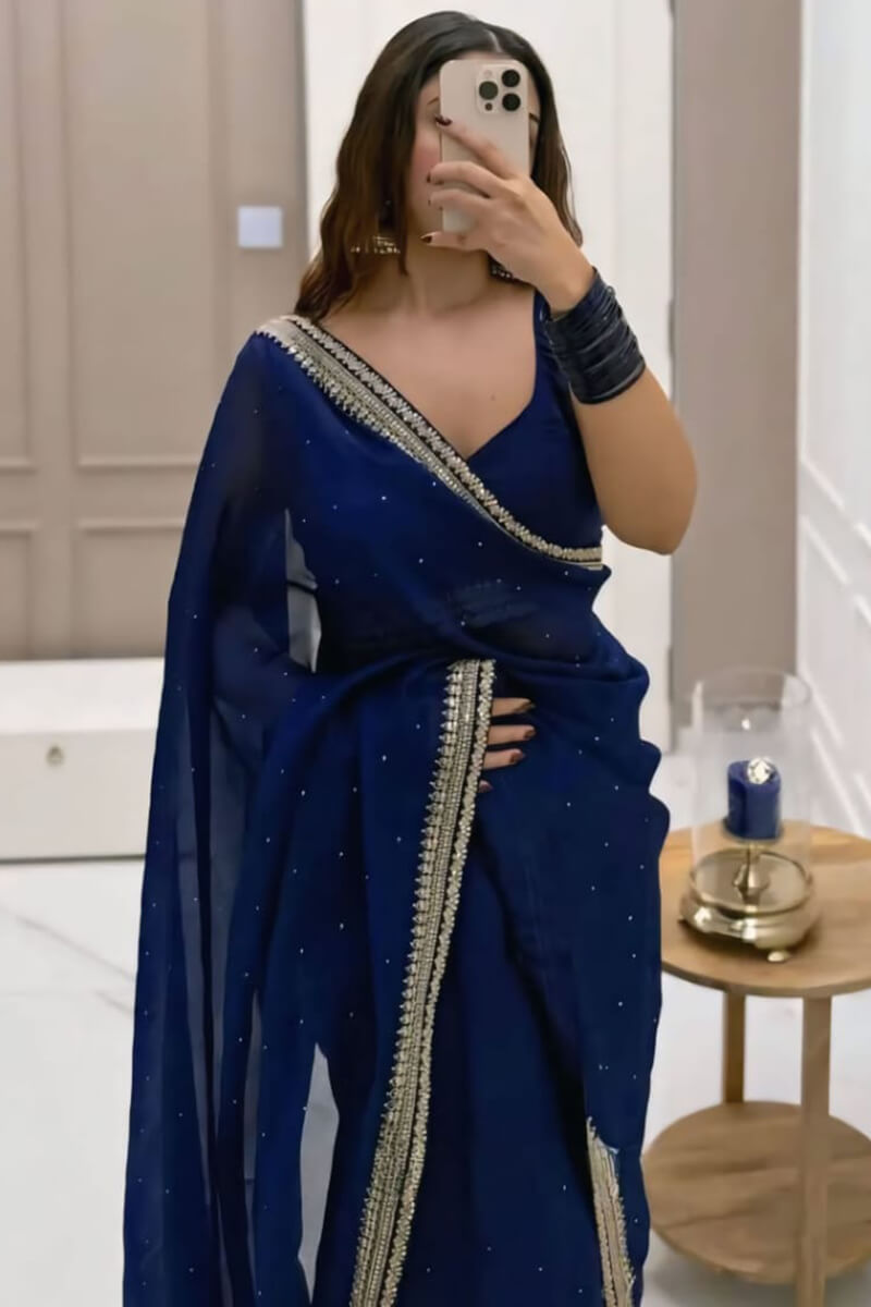 Alluring 1-Minute Ready To Wear Navy Blue Organza Silk Saree