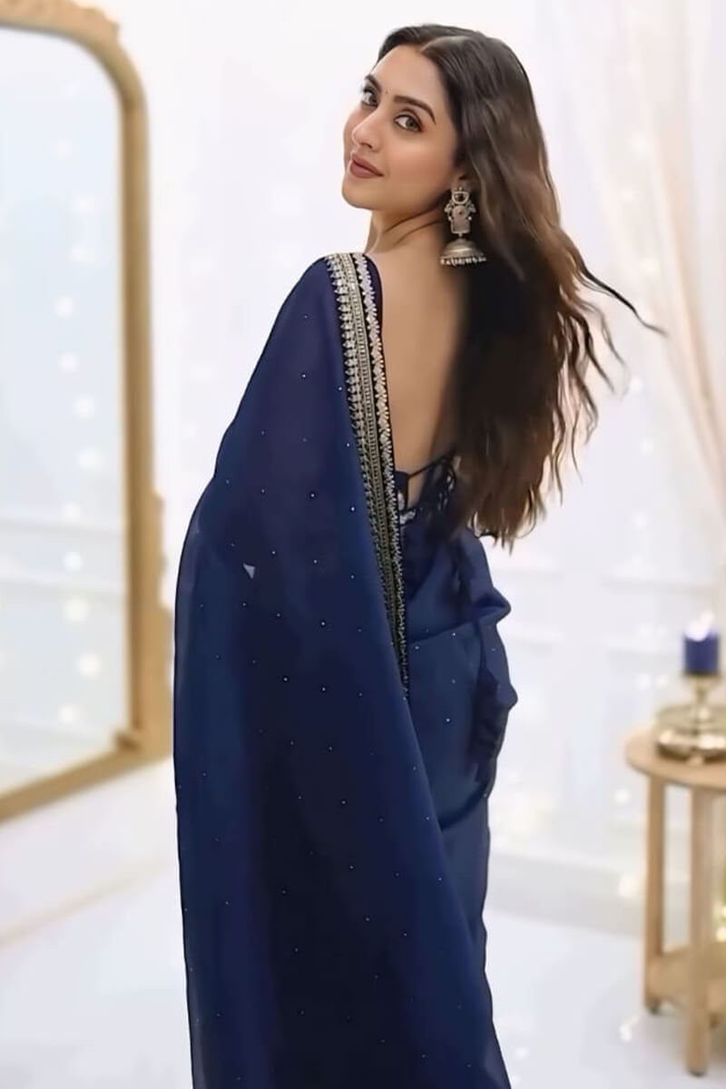 Alluring 1-Minute Ready To Wear Navy Blue Organza Silk Saree