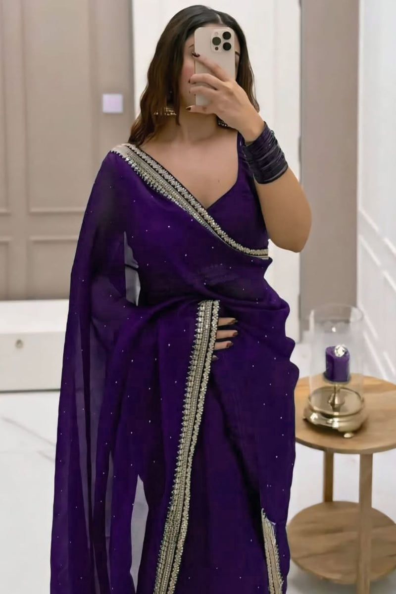 Invaluable 1-Minute Ready To Wear Purple Organza Silk Saree