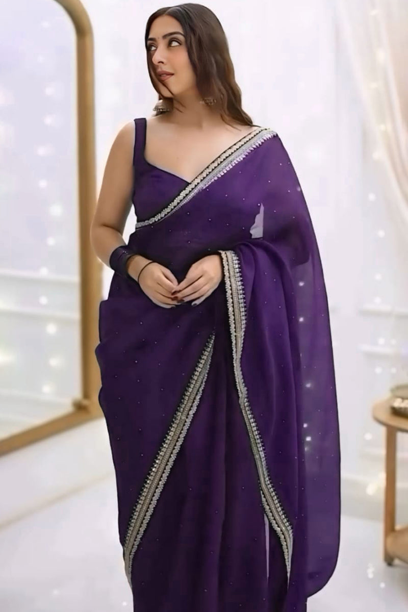 Invaluable 1-Minute Ready To Wear Purple Organza Silk Saree