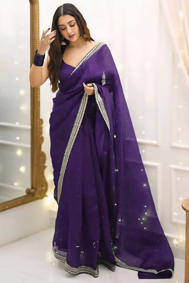 Invaluable 1-Minute Ready To Wear Purple Organza Silk Saree