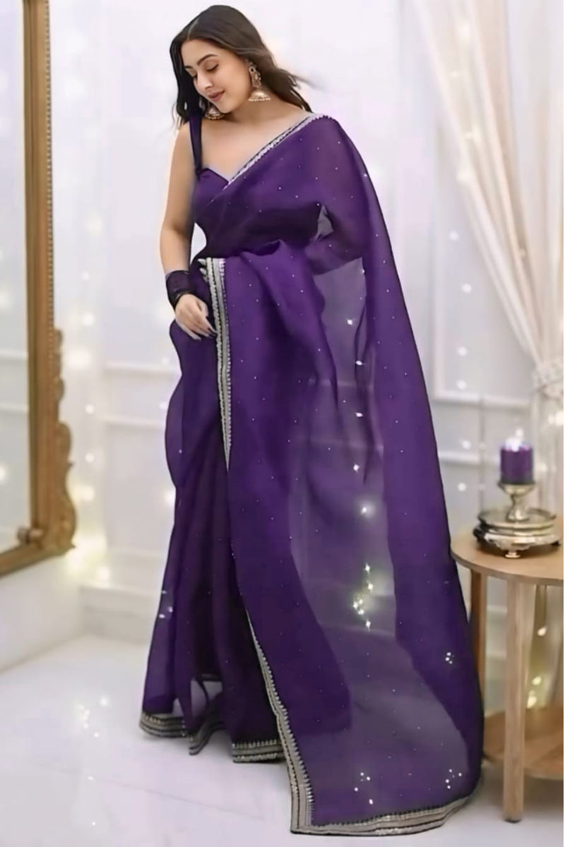 Invaluable 1-Minute Ready To Wear Purple Organza Silk Saree