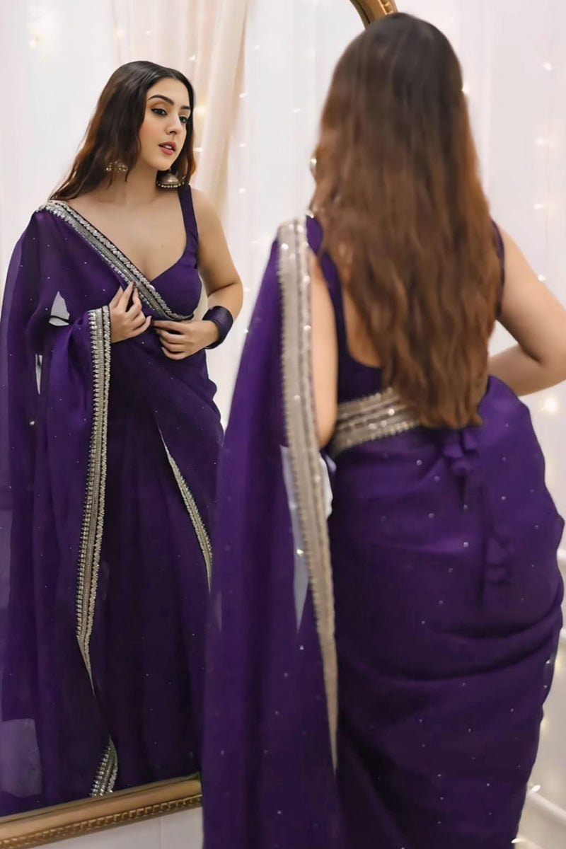 Invaluable 1-Minute Ready To Wear Purple Organza Silk Saree