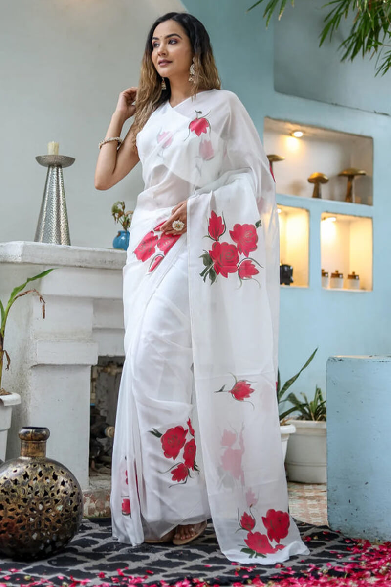 Demanding 1-Minute Ready To Wear Off White Georgette Saree