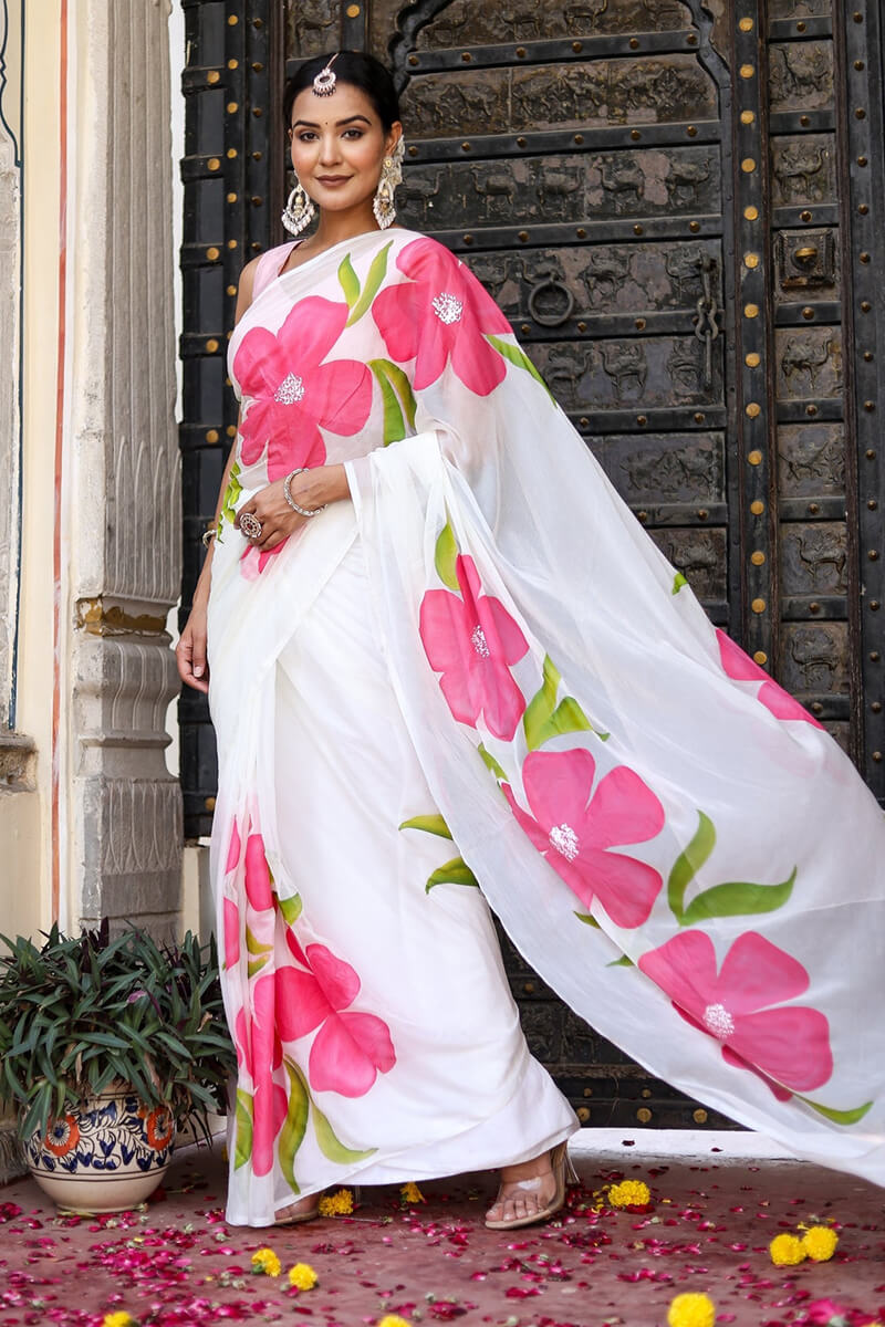 Captivating 1-Minute Ready To Wear Off White Georgette Saree