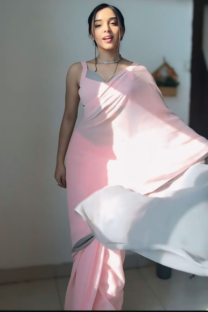 Devastating 1-Minute Ready To Wear Pink and Grey Georgette Saree