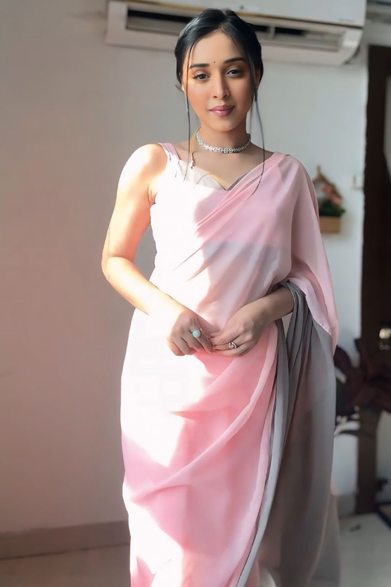 Devastating 1-Minute Ready To Wear Pink and Grey Georgette Saree