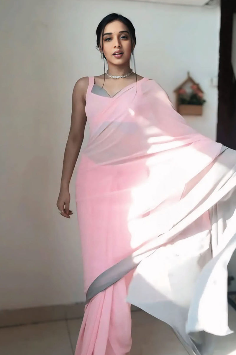 Devastating 1-Minute Ready To Wear Pink and Grey Georgette Saree