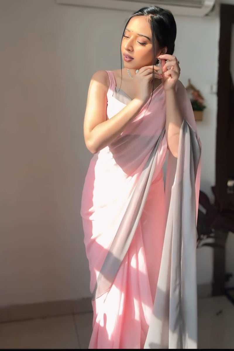 Devastating 1-Minute Ready To Wear Pink and Grey Georgette Saree